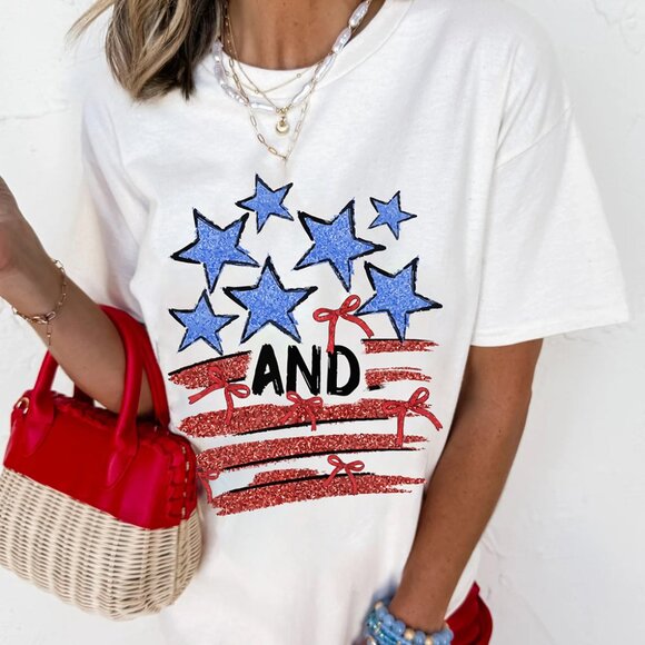 B286 White Patriotic Stars and Stripes Bow Graphic T Shirt - Picture 3 of 6